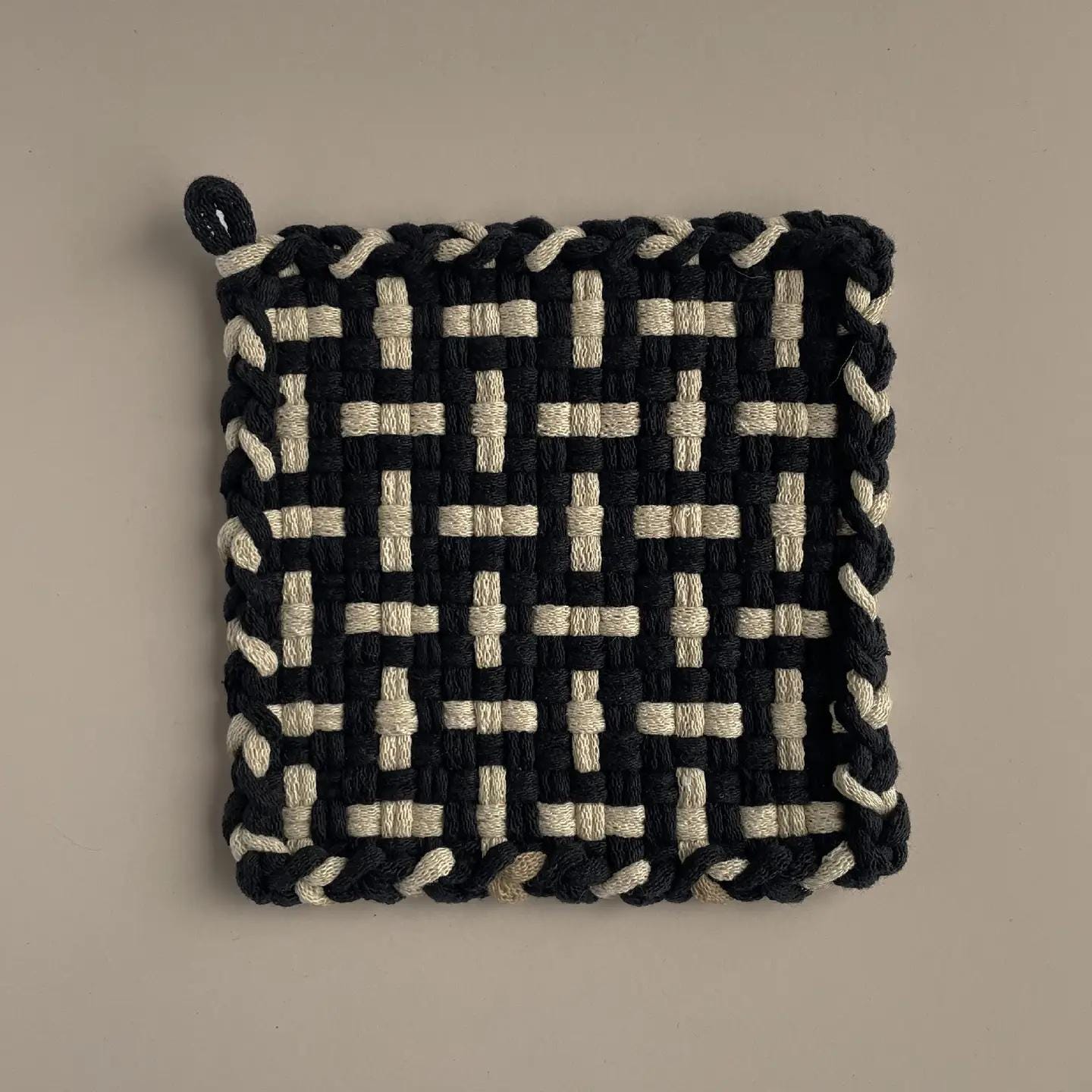 Handwoven Cotton Potholder/Trivet - Black & Flax (Heritage)