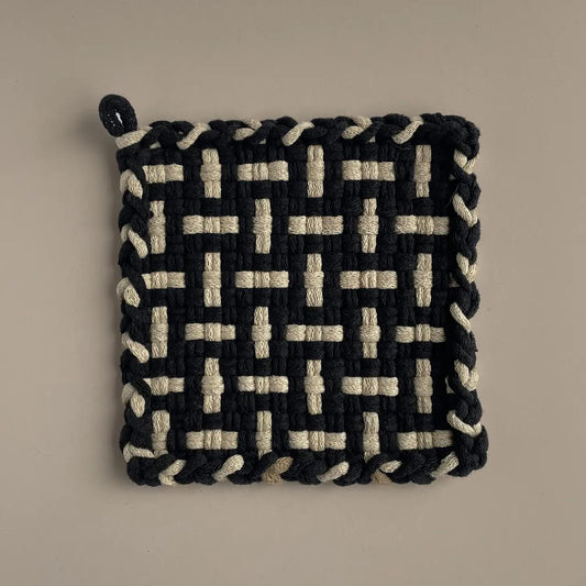 Handwoven Cotton Potholder/Trivet - Black & Flax (Heritage)