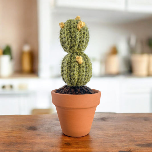 Crocheted Double Barrel Cactus in Terracotta Pot