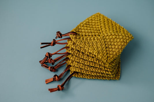 Handmade Wool Crocheted Coasters with Leather Strap | Set of 4 Rustic Drink Coasters | Sustainable & Stylish Home Decor