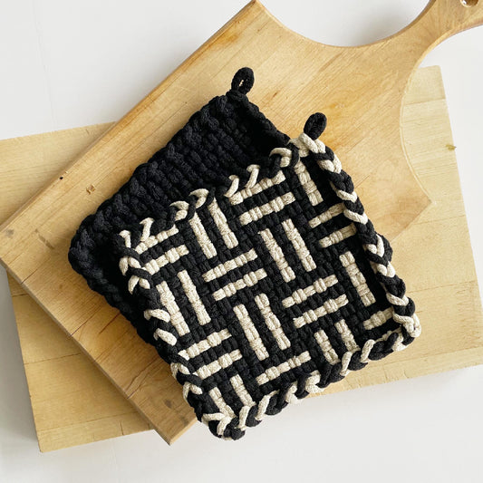 Handwoven Cotton Potholder/Trivet - Black & Flax (Homestead)